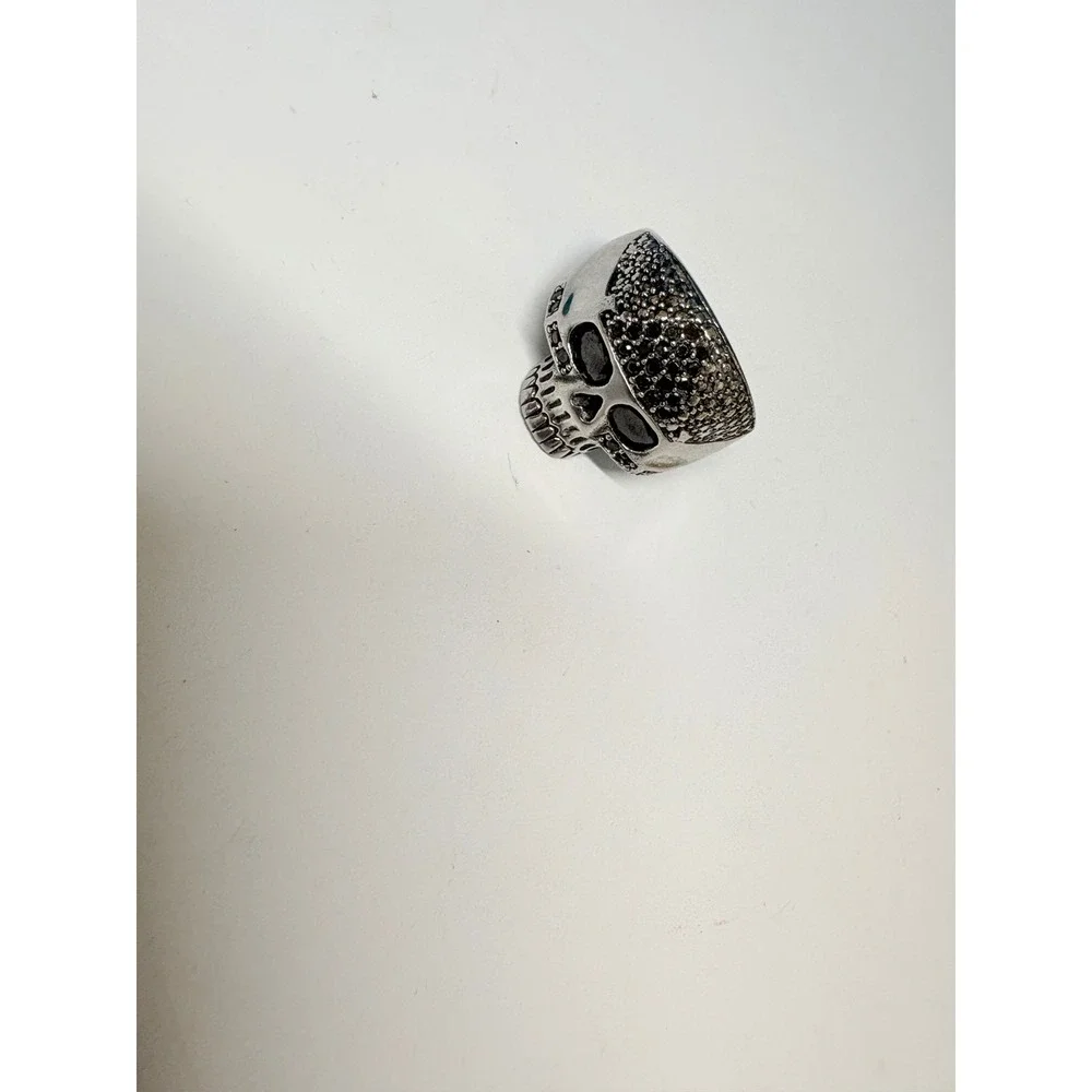 Silver Tone Black Crystal Pavé Skull Statement Ring‎ Gothic Biker Size Big